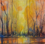 Waldteich im Abendlich, Mischtechnik auf Papier 50x50 cm 170 Euro mit Rahmen, vergeben