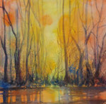 Waldteich im Abendlich, Mischtechnik auf Papier 50x50 cm 170 Euro mit Rahmen, vergeben