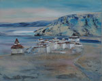 Stupas in Tibet, Acryl auf Keilrahmen 80x100 cm, in weißem Holz-Schattenfugenrahmen, 290 Euro