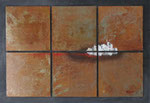 Dem Morgengraun entgegen, 6 Metallplatten 30x30 cm montiert auf Träger 71x102 cm, vergeben