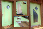 Haustüre vor und nach Überarbeitung der Oberfläche mit zusätzlichem Glasausschnitt (Sonderfarbton lindgrün Osmo Landhausfarbe)
