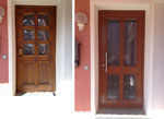 Links: Unrestaurierte Haustüre aus Eiche massiv Oberfläche Dickschichtlasur.                  Rechts: Haustüre nach der Restauration und Modernisierung, Oberfläche Osmo Landhausfarbe auf Ölbasis