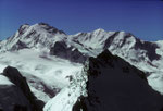 Monte Rosa 4634 m, Liskamm 4527 m und vorne dasTäschhorn 4491 m