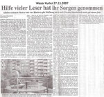 Hilfe vieler Leser hat ihr Sorgen genommen "Weser Kurier 27.11.2007"