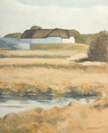 Bauernhof auf einer Warft auf Pellworm Nordseeinsel Tümpel Eitempera Eitemperamalerei Eitemperafarben ocker braun graublau olivegrün Hochformat