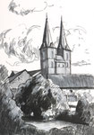 Kloster Jerichow Kirche mit Doppelturm Bäume Häuser Filzstiftzeichnung Faserstift Hochformat A5 grau