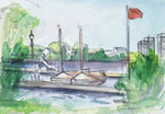 Segelboote am Anleger Rabenstraße, Außenalster, Hamburg, Urban Sketching, Segelboote, Kugelschreiber mit Aquarellfarbe, A5, 2023, Enno Franzius. 