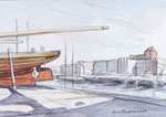 Im Museumshafen von Greifswald Kugelschreiberskizze und Aquarellfarbe graublau grauviolett rotbraun Heck eines Segelbootes