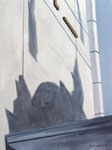 Schatten einer Kuppel und Fahne auf einer Häuserwand Ansicht von unten graublau weiß und schwarz wasservermalbare Ölfarbe