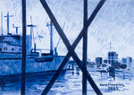 Museumsschiffe Blick von der Überseebrücke auf den Hamburger Hafen Hamburg Filzstiftzeichnung Zeichnung Blau 2023 Enno Franzius Bildender Künstler Zeichner Filzstiftzeichnung Faserstift Farbe blau Querformat A5