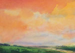 Abendhimmel in orange grüne Wiese Aquarell Nass-in-Nass