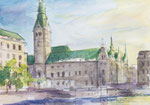 Blick auf das Hamburger Rathaus am Abend, Urban Sketching, Kugelschreiber mit Aquarellfarbe, A4, 2023, Enno Franzius. 