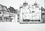 Häuser am Makrt, Greifswald, Federzeichnung, o.J., Enno Franzius