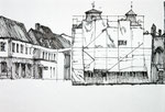 Häuser am Marktplatz von Greifswald in Vorpommern Baugerüsst vor einem alten Haus schwarze Zeichentusche Schraffuren Querformat 