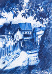 Weg in Ahrenshoop Ostseebad Mecklenburg-Vorpommern Filzstiftzeichnung Faserstift Farbe blau Hochformat A5