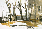Verfallenes Haus und Gartenhaus sowie Bäume im Januar in Greifswald Acrylmalerei auf Papier mit viel Weißraum 