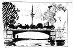 Blick zum Fernsehturm Alster Hamburg Bäume Brücke Faserstift Fineliner