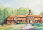 Torhaus in Wellingsbüttel Stadtteil von Hamburg Wiese Bäume Fachwerkhaus Aquarell und Kugelschreiber auf Aquarellpapier Aquarellmalerei Querformat grün violett rotbraun sienna gebrannt 