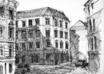 Altes Haus in Hamburg Altona Federzeichnung schwarze Zeichentusche Schraffuren Licht und Schatten Schattenwurf Autos A4 Querformat