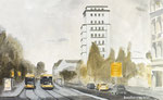 Straßenbahnen und Hochhaus am Albertplatz Dresden Neustadt Acrylbild Acrylmalerei Acryl auf Papier 2020 Enno Franzius.