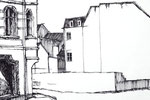 Straßenecke nahe dem Marktplatz von Greifswald in Vorpommern viel Weißraum auf dem Zeichenblatt Federzeichnung schwarze Zeichentusche Schraffuren Querformat
