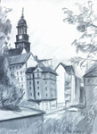 Blick zum Michel von den Landungsbrücken aus gesehen Faserstift kaltes grau Skizze Hochformat A5