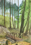 Brücke im Wald bei Trier Aquarellmalerei Aqurell Hochformat Bäume Baumstämme 