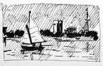 Segelboot auf der Außenalster Fineliner und schwarzer Faserstift Filzstift Schraffuren Hochhaus 