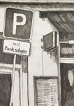 Parkschild in der Langen Reihe, Hamburg, St. Georg, Filzstift, warmes Grau, A5, Enno Franzius