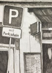 Parkshild in der Langen Reihe Hamburg warmes grau Faserstift Filzstiftskizze Hochformat A5