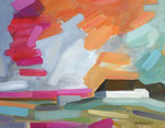 Hof auf einer Warft Pellworm Nordfriesland Magenta orange grün türkis Acrylmalerei auf Leinwand 40 x 50 cm