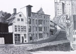 Alte Häuser in Altona Hafen Hafengegend Filzstiftzeichnung Faserstift A5 Querformat kaltes grau