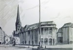Blick in die Mönckebergstraße zur Petrikirche Fahnenmast Flaggenmast Häuser Geschäftshäuser weicher softer Faserstift Filzstift A5 Querformat kaltes grau