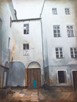 In einer Nebenstraße Eitempera auf Leinwand 2018 Eitemperamalerei Haus Untersicht Fenster Mülltonne abblätterne Häuserwand Görlitz Enno Franzius