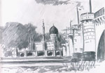 Blick über die Elbe, Brücke, die Zigarettenfabrik, Moschee, Dresden, 2, Skizze, Filzstift, A5, Enno Franzius