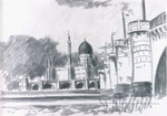 Dresden Zigarettenfabrik Elbe Elbbrücke Eisenbahnbrükce Faserstift Filzstiftkizze Querformat A5
