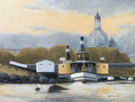 Raddampfer und Kuppel der Frauenkirche und der Kunstakademie in Dresden Acrylbild Acrylmalerei Acryl auf Acrylmalpapier Enno Franzius Farben graublau ocker schwarz weiß