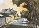 Bauernhof auf Pellworm an einer Straße Bäume am Straßenrand Acrylmalerei Acrylfarbe auf Acrylmalpapier ocker schwarz weiß