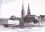 Faserstift Zeichnung Skizze Rathaus Hamburg und Turm der alten Nikolaikirche Querformat A5