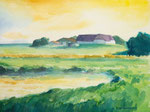 Bauernhof auf Pellworm Tümpel Wiesen Weiden gras Sonnenlicht Sonnenuntergang Reeddachhaus Aquarellmalerei Aquarell auf Aquarellpapier Querformat