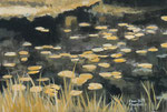 Seerosenteich in Wellingsbüttel Hamburg Seerosen auf dem Wasser ocker schwarz weiß Acrylfarbe Acrylmalerei