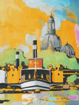 Dresden Raddampfer Frauenkirche Kunstakademie Kuppeln Frontalansicht orange grün schwarz blau weiß