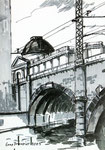 Bode Museum hinter einer Brücke, Museumsinsel, Berlin, Zeichnung mit Fineliner und Filzstift, Filzstiftzeichnung,  A5, 2023, Enno Franzius