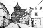 Blick auf den Schuhhagen und die Marienkirche in Greifswald, Federzeichnung, o.J., Enno Franzius