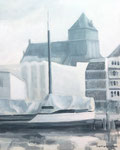 Im Museumshafen von Greifswald (Blick auf die Marienkirche), Eitempera auf Leinwand, 2016, Enno Franzius 