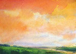 Aquarell malen lernen Nass in Nass Landschaftsaquarell Grün Orange Wolken Marschlandschaft Aquarellfarben 