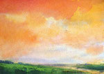 Aquarell malen lernen Nass in Nass Landschaftsaquarell Grün Orange Wolken Marschlandschaft Aquarellfarben 