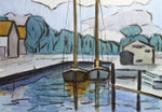 Im Museumshafen Greifswald Aquarellmalerei Aqurell mit schwarzer Pinselzeichnung vereinfacht