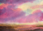 Abendhimmel über dem Watt Aquarell Nass-in-Nass Malerei Querformat magenta violett neapelgelb gelb graublau