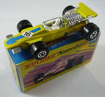 Matchbox 34A Formula 1 Racing Car / gelb / Aufkleber 16 - schwarz blau / breite Räder